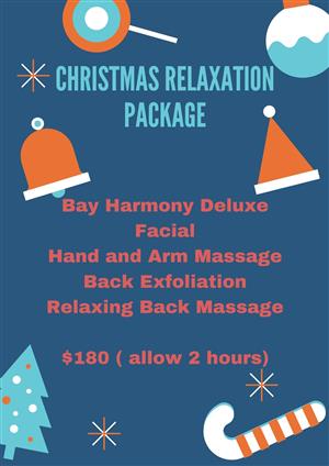 <p><strong><b>Christmas Package 3</b></strong></p>
<p>Express Rejuvenation Facial</p>
<p>Dry Body Brush of Back</p>
<p>Back Exfoliation</p>
<p>Back Massage to soothe tired muscles</p>
<p>and hydrate the skin</p>
<p>$130 (allow 1.5 hours)</p>