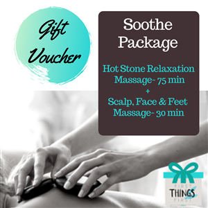 <p><strong>Soothe Package (Allow 1 3/4 hours)          </strong></p>
<ul>
<li>Hot stone relaxation massage- 75 minutes         </li>
<li>Scalp, Face & Feet Massage- 30 minutes         </li>
</ul>
<p>&nbsp;</p>
<p>This package is for the stressed, anxious and overworked person. It is the ultimate relaxation treatment using soothing warm stones from head to toe. Scalp, face & feet massage are added to further encourage the body to to release tension, calm and unwind. </p>
<p>&nbsp;</p>