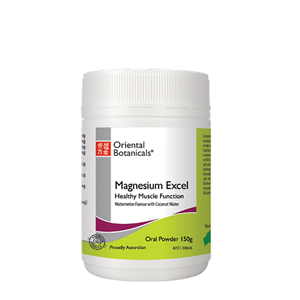 <p>Oriental Botanicals Magnesium Excel is a combination of magnesium glycinate (a highly bioavailable form of magnesium), amino acids, B complex vitamins and minerals. Nutrients in this formula:</p>
<ul>
<li>Support muscle function and relaxation</li>
<li>Replenish electrolyte balance post exercise</li>
<li>Maintain energy levels</li>
<li>Support neuromuscular function</li>
<li>Assist blood glucose metabolism</li>
<li>Provide symptomatic relief of premenstrual tension</li>
<li> </li>
</ul>
<p>Magnesium Excel also assists with the following when dietary intake of magnesium is inadequate:</p>
<ul>
<li>Reduces the occurrence of muscular cramps and muscle fatigue</li>
<li>Maintains muscular strength</li>
<li>Maintains physical endurance and improves muscle performance</li>
<li>Decreases sleeplessness and supports healthy sleeping patterns</li>
<li>Supports cardiovascular system function</li>
</ul>
<p>&nbsp;</p>
<p>Available in Lemon-Lime Zing or Watermelon flavoured powder </p>