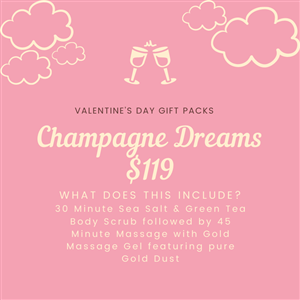 <p>Start your experience with a 30 Min Sea Salt & Green Tea Body Scrub, Enjoy a 45 Min Massage with Gold Massage Gel featuring pure Gold Dust. Let the Champagne Fragrance, stimulate your senses, whilst providing you a very pleasant relaxation experience. Don't miss out on this absolute dream package!</p>