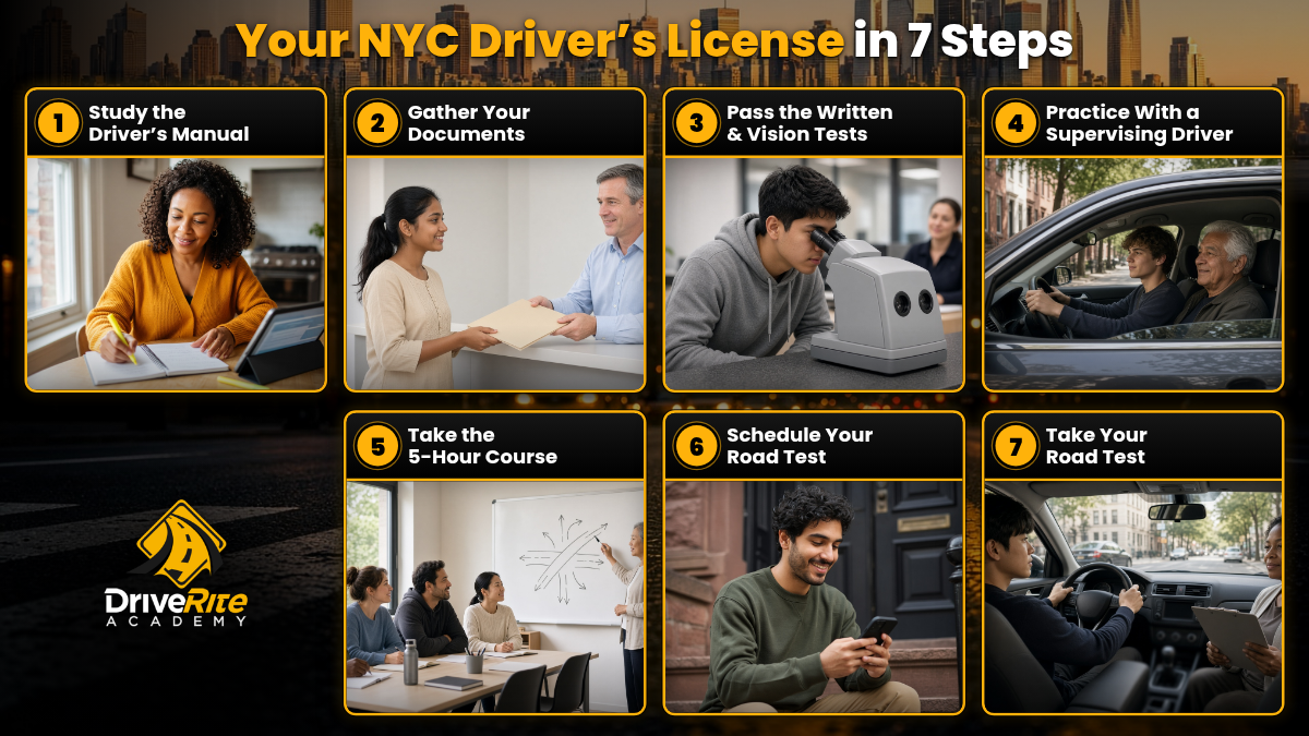 Infographic showing your NYC driver's license in 7 steps: study the driver's manual, gather your documents, pass the written and vision tests, practice with a supervising driver, take the 5-hour course, schedule your road test, and take your road test