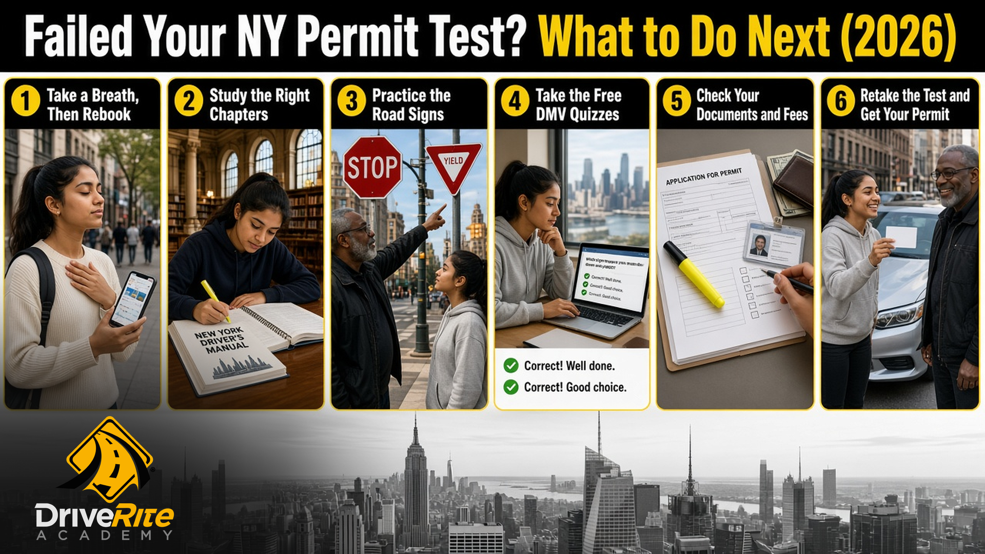 6 steps after failing your NY permit test: take a breath, then rebook; study the right chapters; practice the road signs; take the free DMV quizzes; check your documents and fees; retake the test and get your permit.