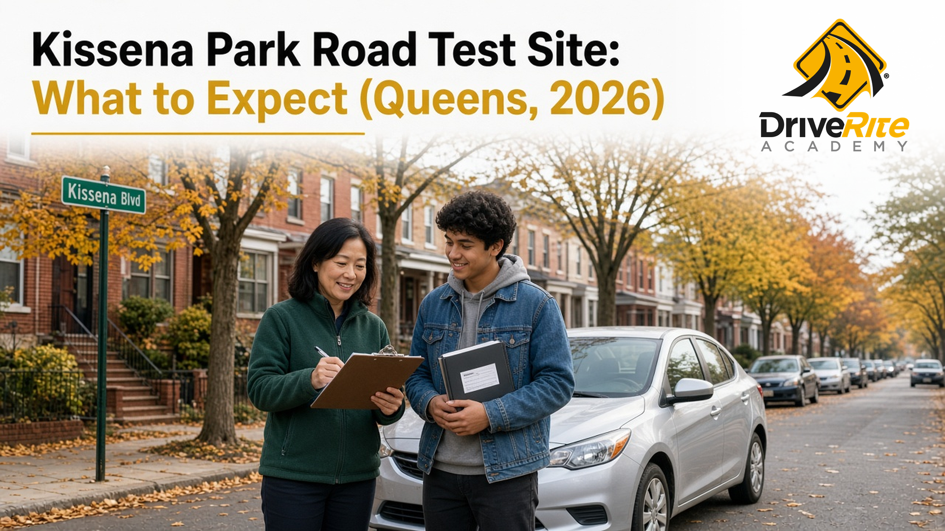 A driving instructor and a student stand beside a sedan on a quiet tree-lined Queens street near Kissena Park, with the title Kissena Park Road Test Site: What to Expect (Queens, 2026).