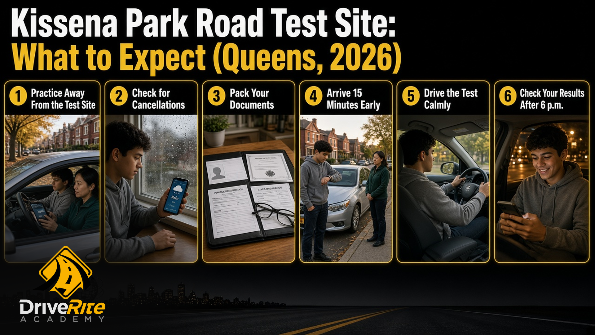 6 steps for your Kissena Park road test day: practice away from the test site; check for cancellations; pack your documents; arrive 15 minutes early; drive the test calmly; check your results after 6 p.m.