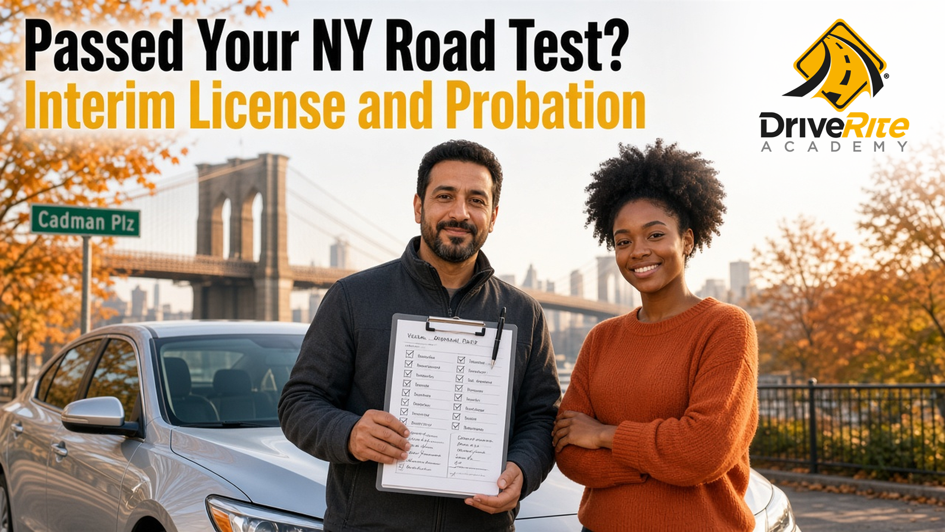 Passed your NY road test? Interim license and probation in NYC. A Drive Rite Academy guide showing a newly licensed driver celebrating with an instructor near the Brooklyn Bridge in autumn.