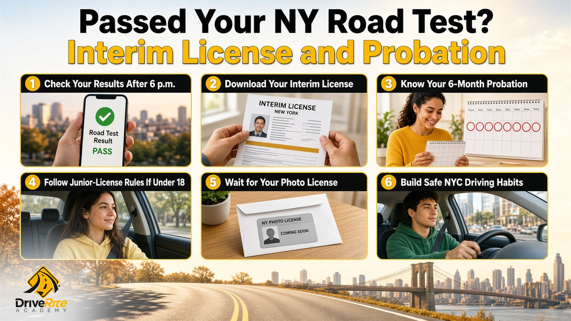 6 steps after you pass your NY road test: check your results after 6 p.m.; download your interim license; know your 6-month probation; follow junior-license rules if under 18; wait for your photo license; build safe NYC driving habits.