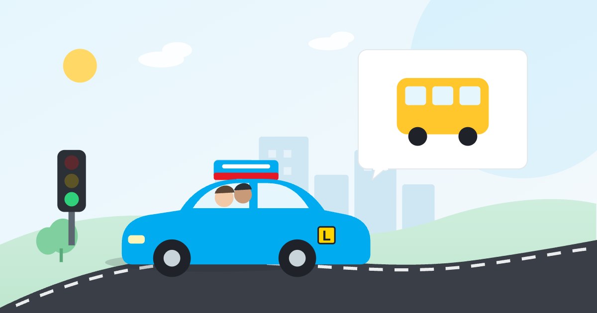 Illustration: A learner driver sharing the road with a bus