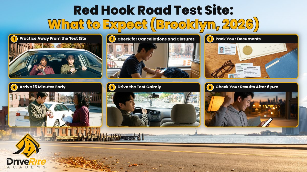 6 steps for your Red Hook road test day: practice away from the test site; check for cancellations and closures; pack your documents; arrive 15 minutes early; drive the test calmly; check your results after 6 p.m.