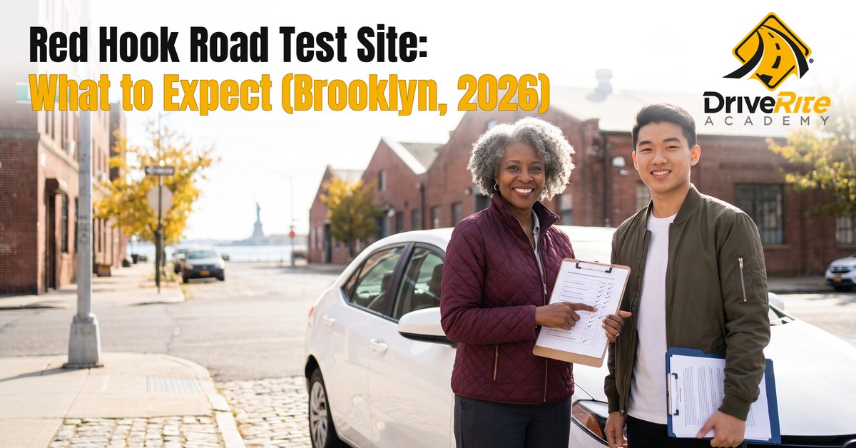 A driving instructor and a student stand beside a sedan on a sunny Red Hook street in Brooklyn near the waterfront, with the title Red Hook Road Test Site: What to Expect (Brooklyn, 2026).