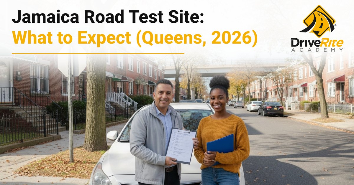 A driving instructor and a student stand beside a sedan on a sunny residential street in Jamaica, Queens near the Van Wyck Expressway corridor, with the title Jamaica Road Test Site: What to Expect (Queens, 2026).
