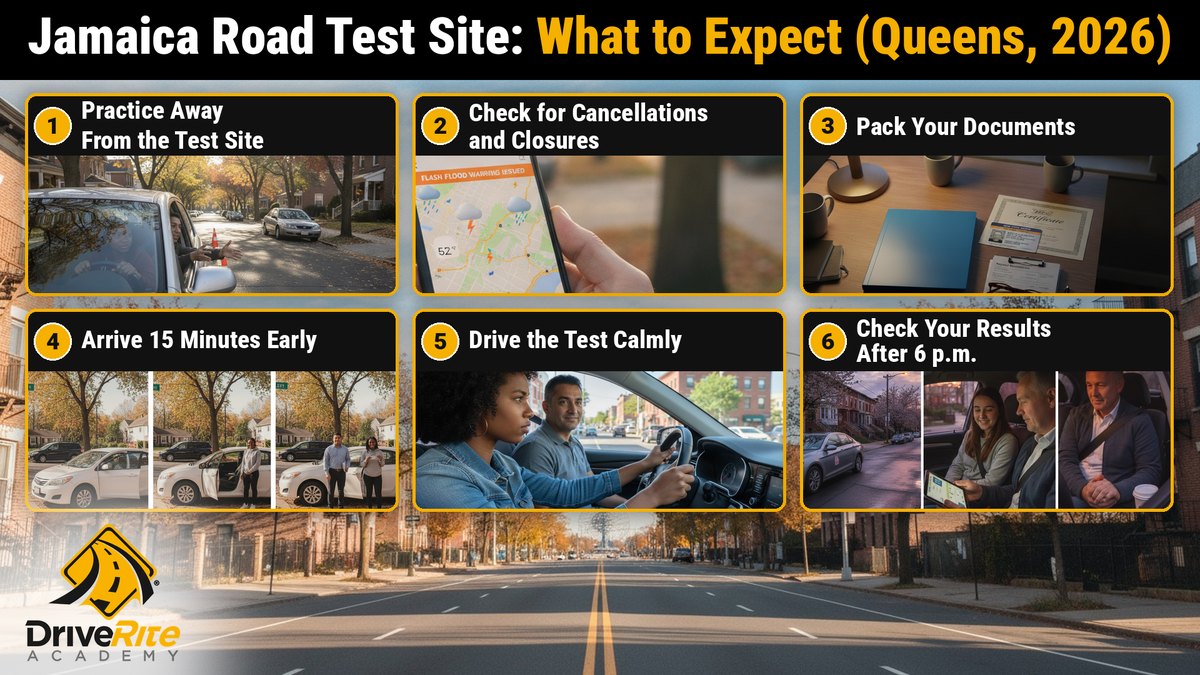 6 steps for your Jamaica road test day: practice away from the test site; check for cancellations and closures; pack your documents; arrive 15 minutes early; drive the test calmly; check your results after 6 p.m.