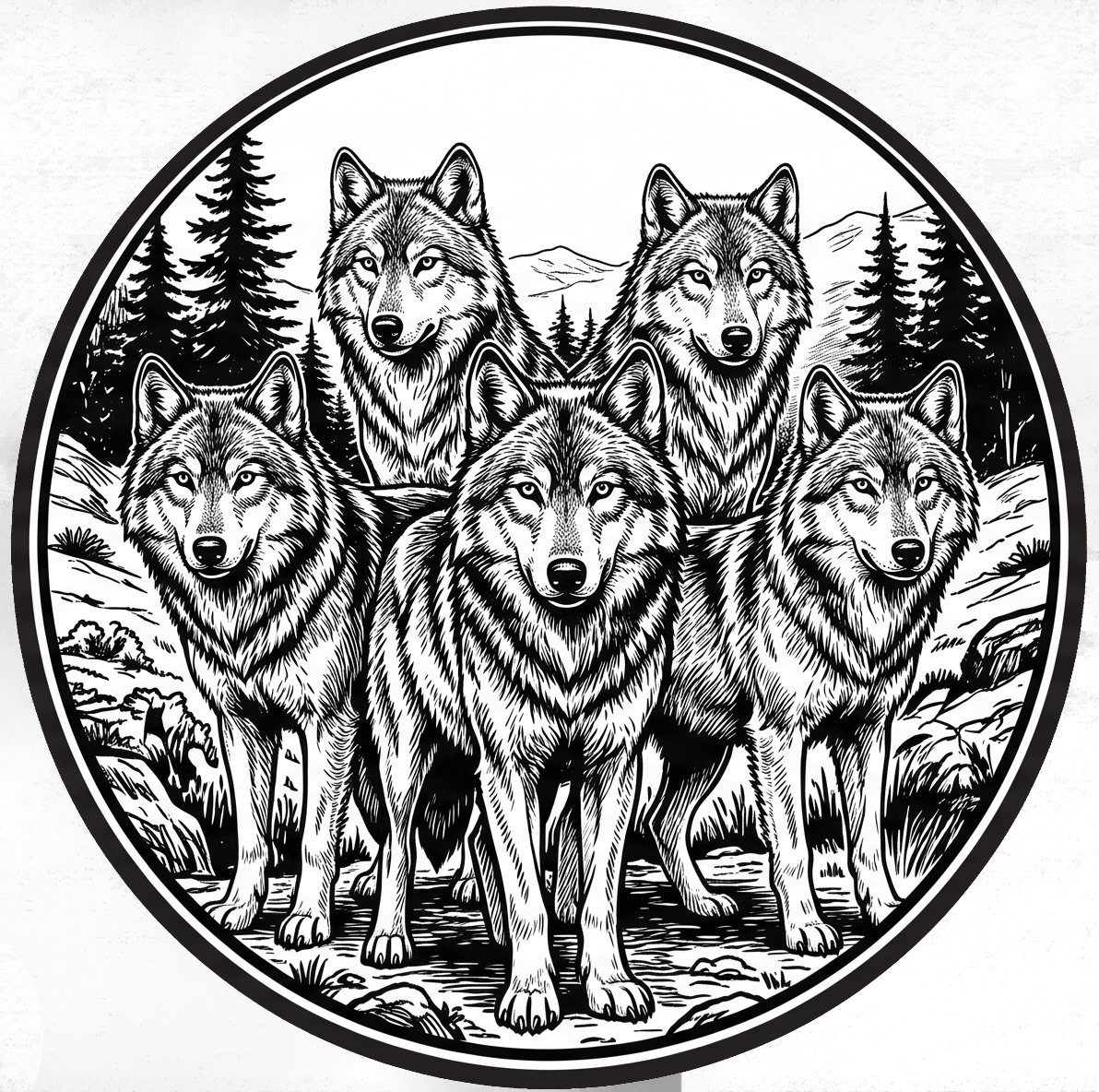 Pack of five wolves emblem