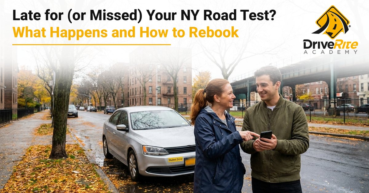 A driving instructor points to a student's phone as they stand beside a silver sedan on a wet, leaf-covered New York City street on an October morning, with the title Late for (or Missed) Your NY Road Test? What Happens and How to Rebook.