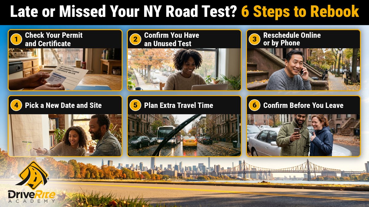 6 steps to rebook a late or missed NY road test: check your permit and certificate; confirm you have an unused test; reschedule online or by phone; pick a new date and site; plan extra travel time; confirm before you leave.