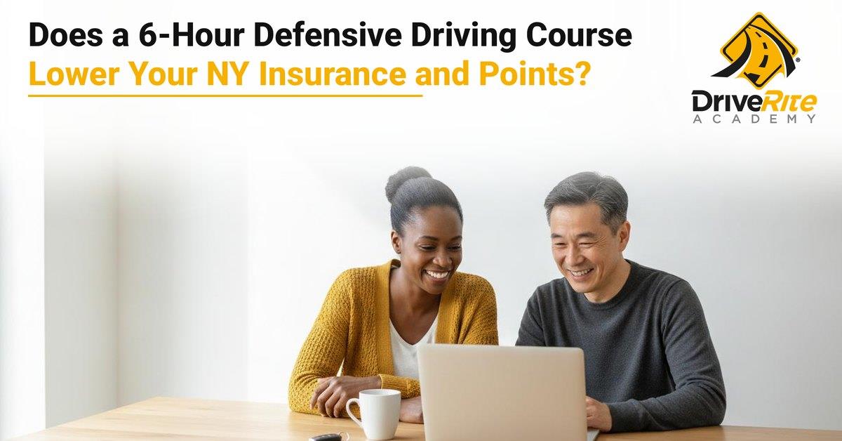 A smiling woman in a mustard cardigan and a man in a gray sweater look at a laptop together at a bright kitchen table, with the title Does a 6-Hour Defensive Driving Course Lower Your NY Insurance and Points?