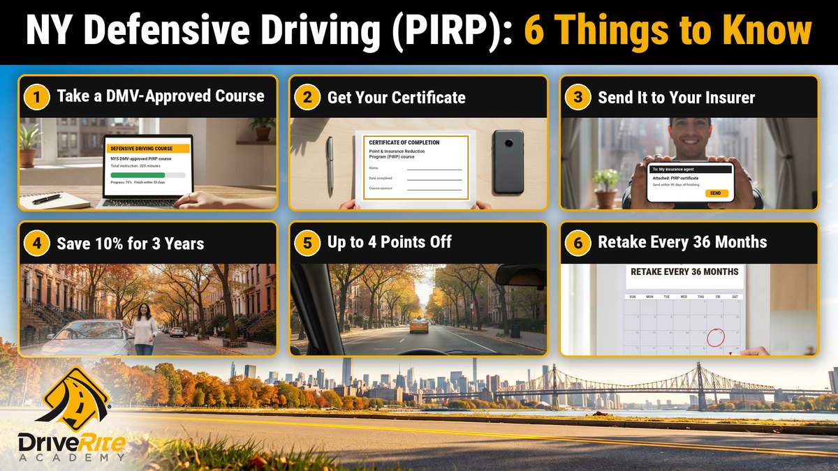 NY defensive driving (PIRP), 6 things to know: take a DMV-approved course; get your certificate; send it to your insurer; save 10% for 3 years; up to 4 points off; retake every 36 months.