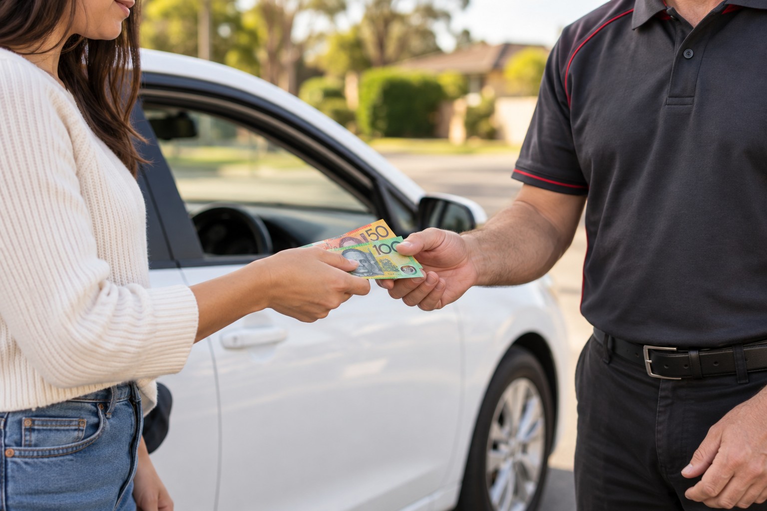 Learner paying an instructor in cash beside a parked car