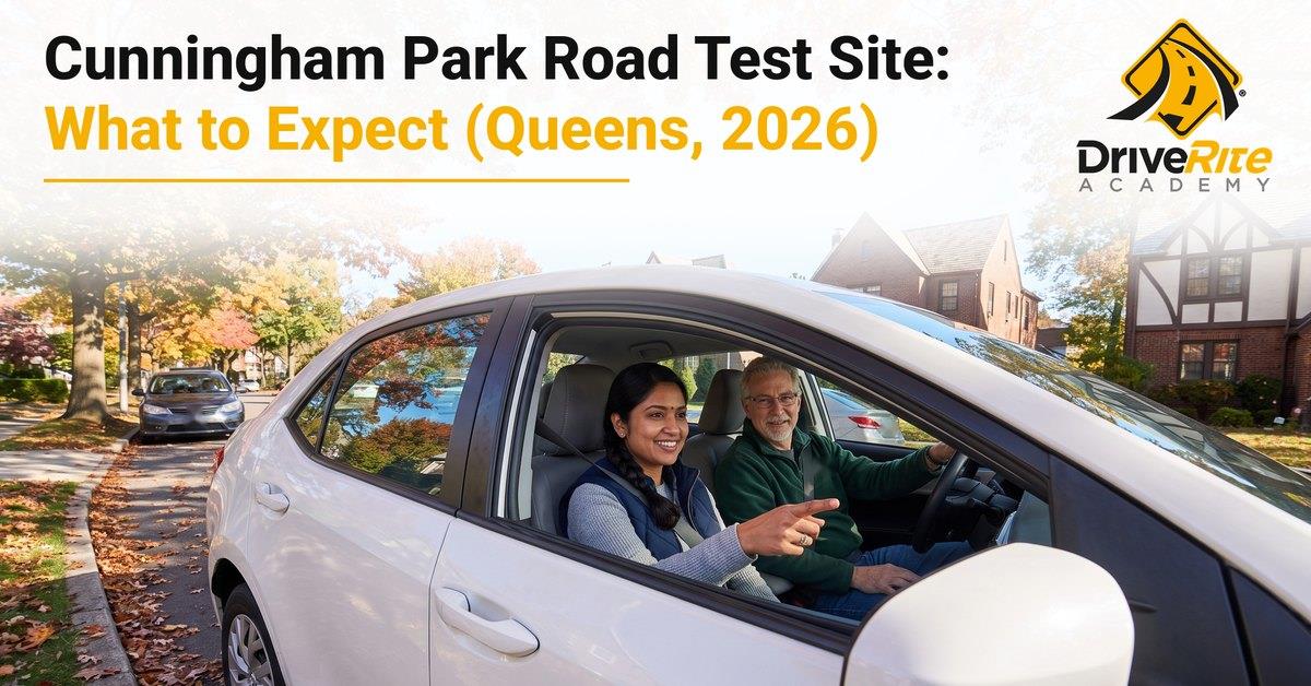A smiling driving instructor in the passenger seat points ahead as an older student sits behind the wheel of a white sedan parked on a sunny, tree-lined residential street in Hollis Hills, Queens near Cunningham Park, with the title Cunningham Park Road Test Site: What to Expect (Queens, 2026).