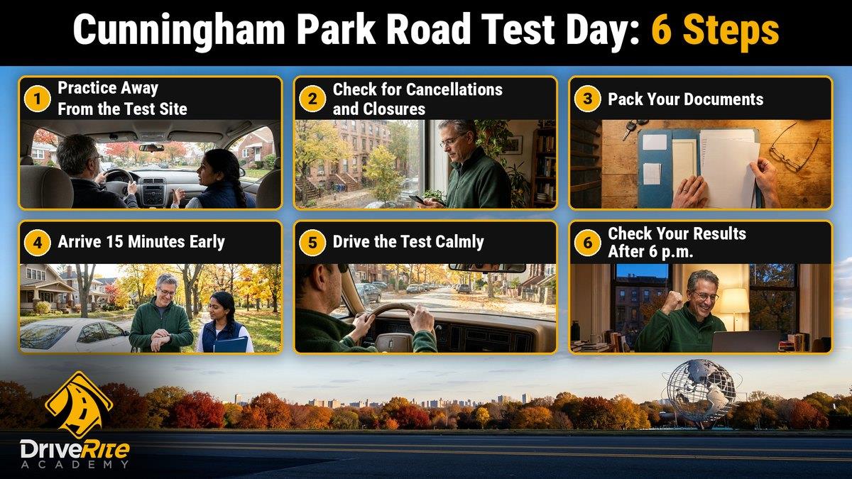 6 steps for your Cunningham Park road test day: practice away from the test site; check for cancellations and closures; pack your documents; arrive 15 minutes early; drive the test calmly; check your results after 6 p.m.