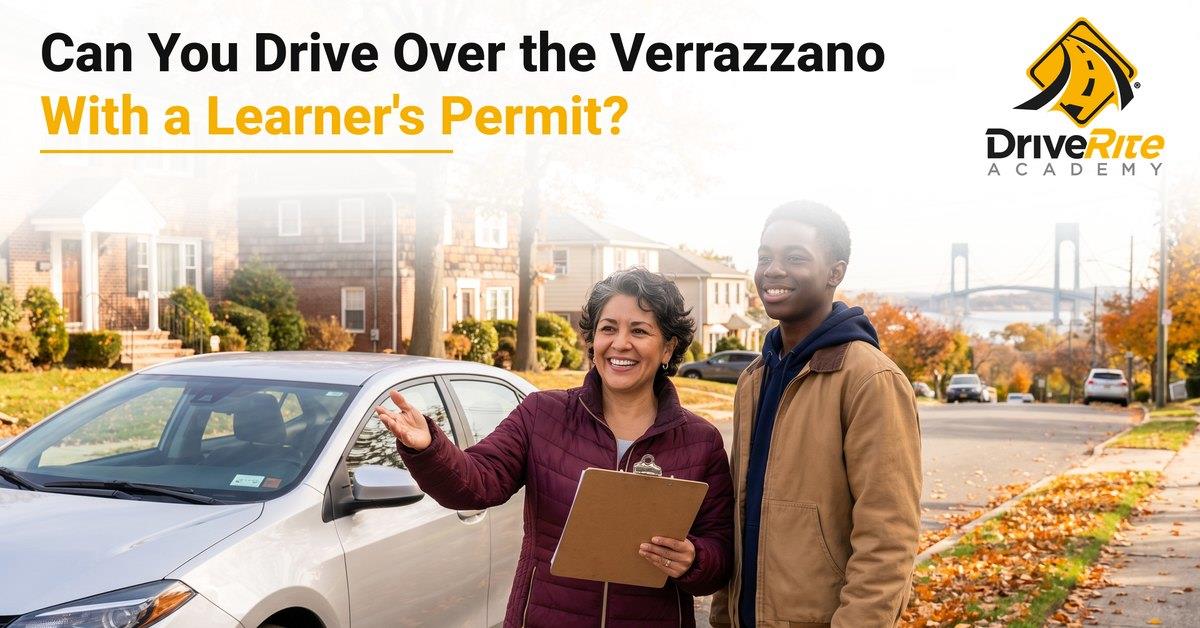 A smiling driving instructor holding a clipboard and a teen student stand beside a silver sedan on a sunny autumn street on Staten Island, with the Verrazzano-Narrows Bridge in the distance and the title Can You Drive Over the Verrazzano With a Learner's Permit?