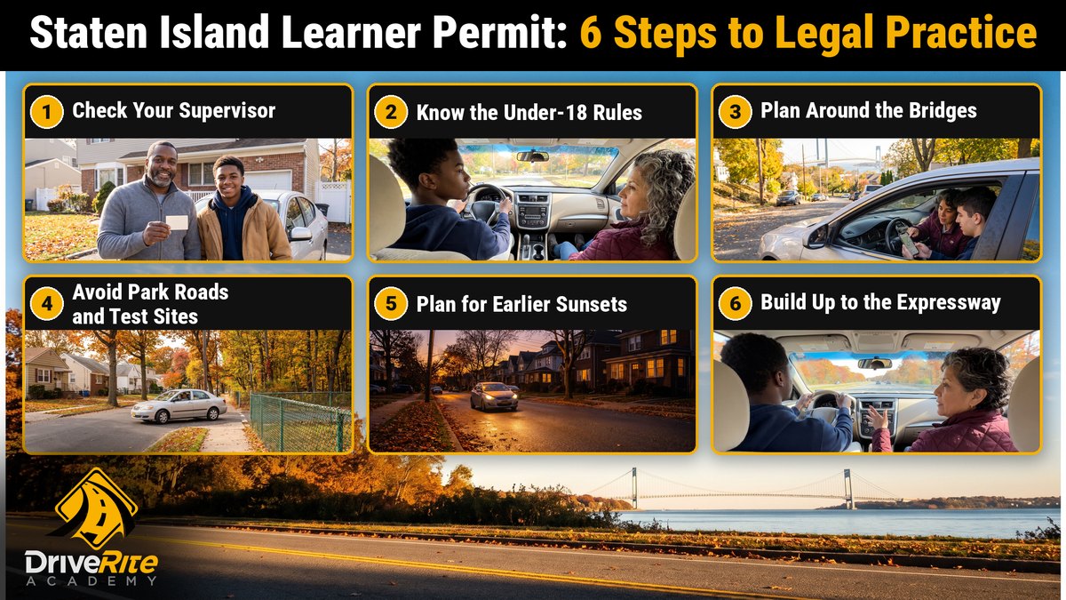 Staten Island learner permit, 6 steps to legal practice: check your supervisor; know the under-18 rules; plan around the bridges; avoid park roads and test sites; plan for earlier sunsets; build up to the expressway.