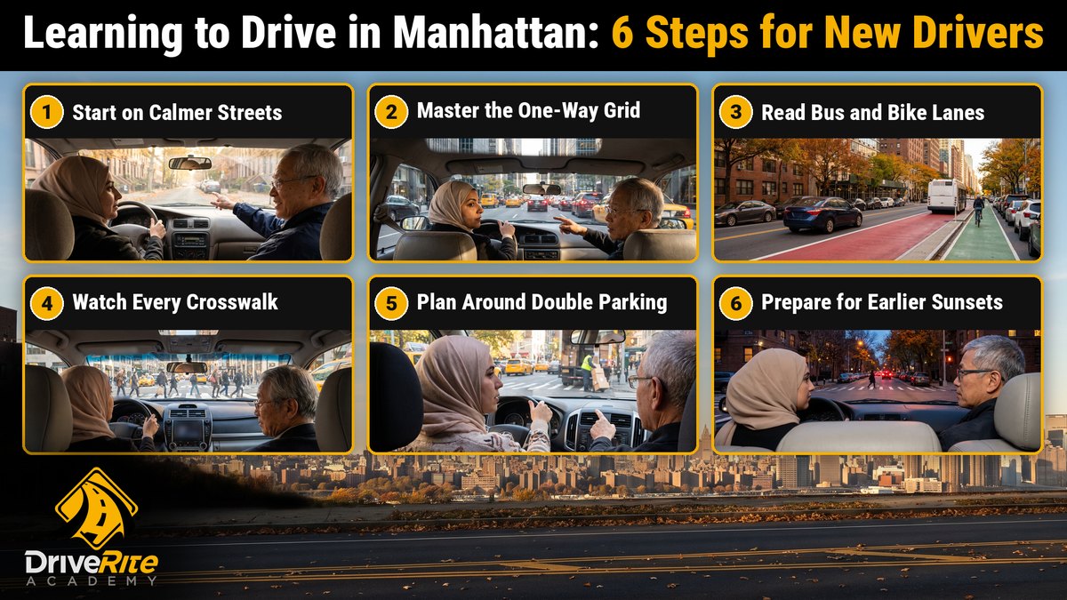 Learning to drive in Manhattan, 6 steps: start on calmer streets; master the one-way grid; read bus and bike lanes; watch every crosswalk; plan around double parking; prepare for earlier sunsets.