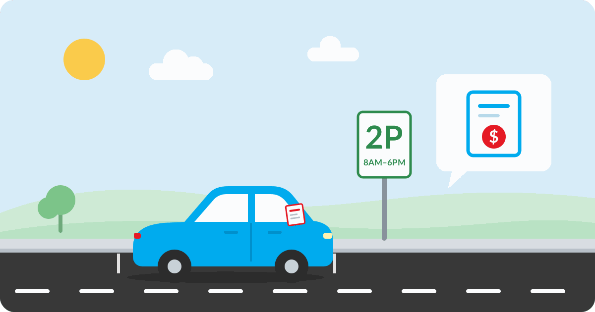 Illustration: a car with a parking fine on the windscreen next to a 2P parking sign