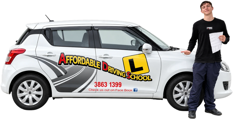 A new driver holding a test sheet beside a white Affordable Driving School car