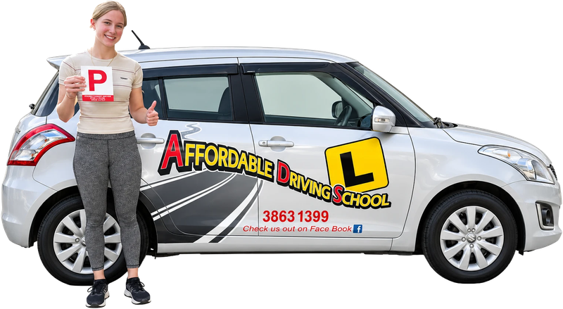 A smiling new driver holding up a P plate beside a white Affordable Driving School car
