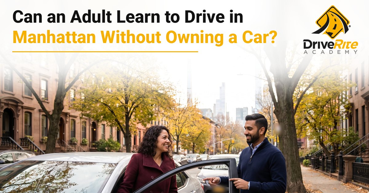 A smiling driving instructor and an adult student standing beside the open driver door of a silver sedan on a brownstone street in Manhattan with autumn trees, under the title Can an Adult Learn to Drive in Manhattan Without Owning a Car?