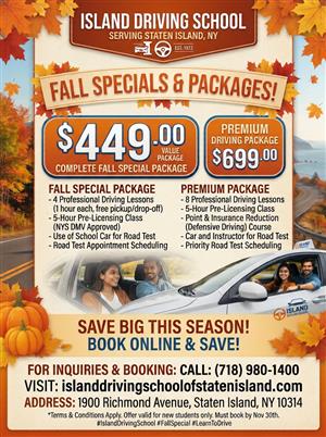 Driving School A FALL SALE - 8 HOUR DRIVING PREMIUM PACKAGE at Island Driving School