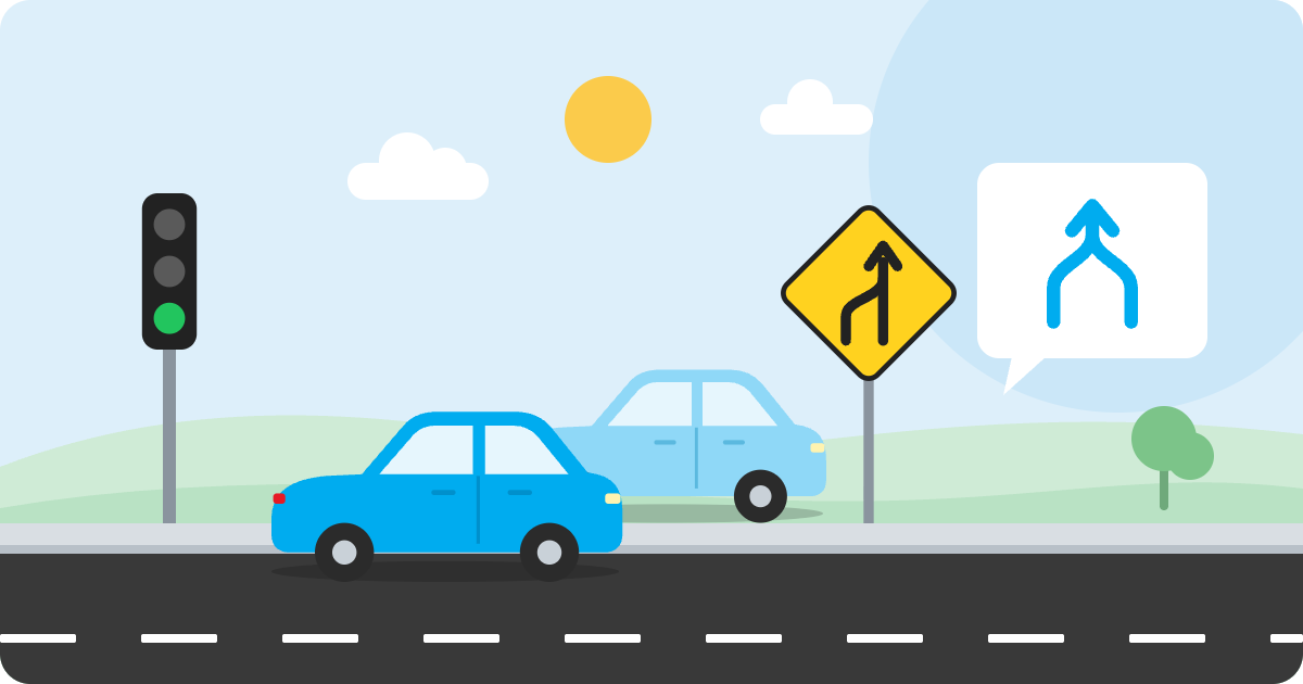 Illustration: two cars passing a green traffic light and a lane merge sign