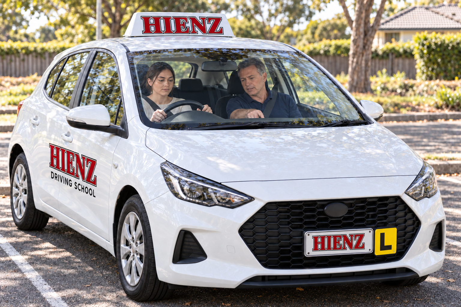 Illustration of a learner and instructor discussing controls in a parked right-hand-drive HIENZ car