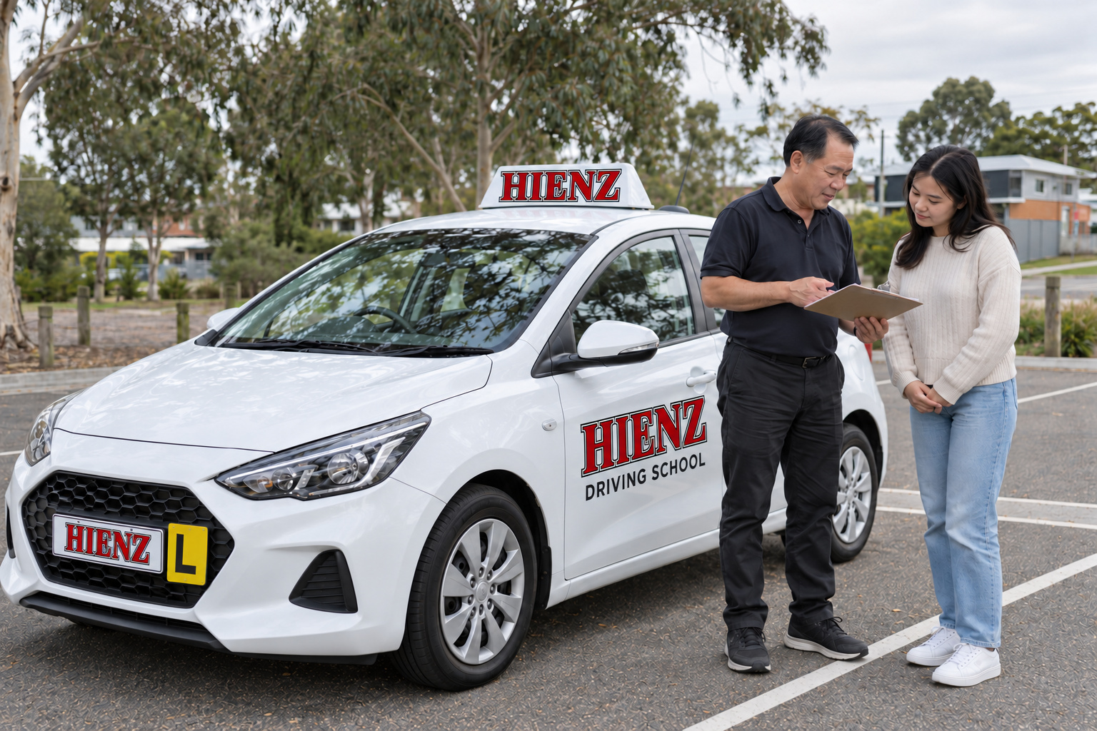 Illustration of an instructor and learner reviewing a lesson plan beside a HIENZ driving school car
