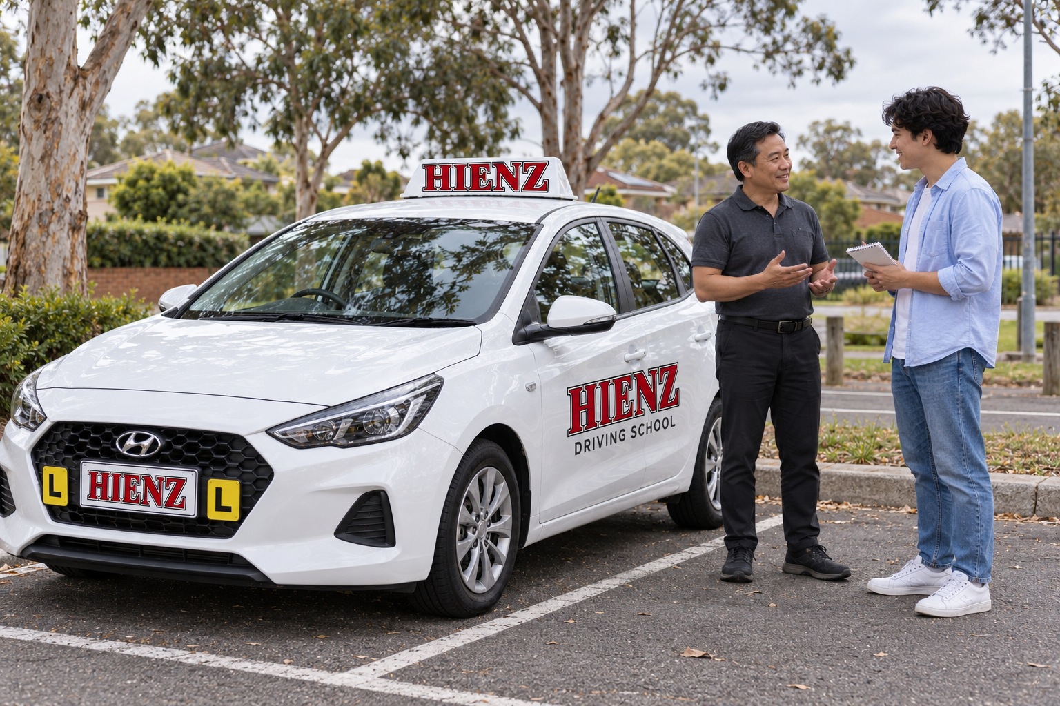 Illustration of a learner discussing lesson needs with an instructor beside a white HIENZ car