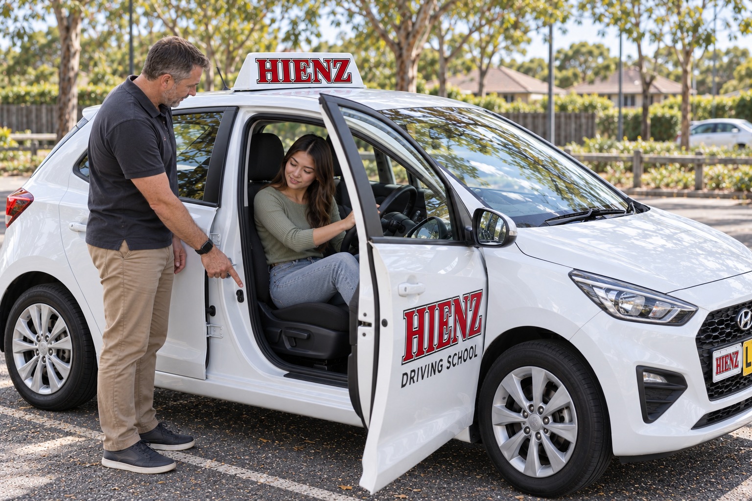 Illustration of a learner checking her seating position with an instructor beside a parked HIENZ car