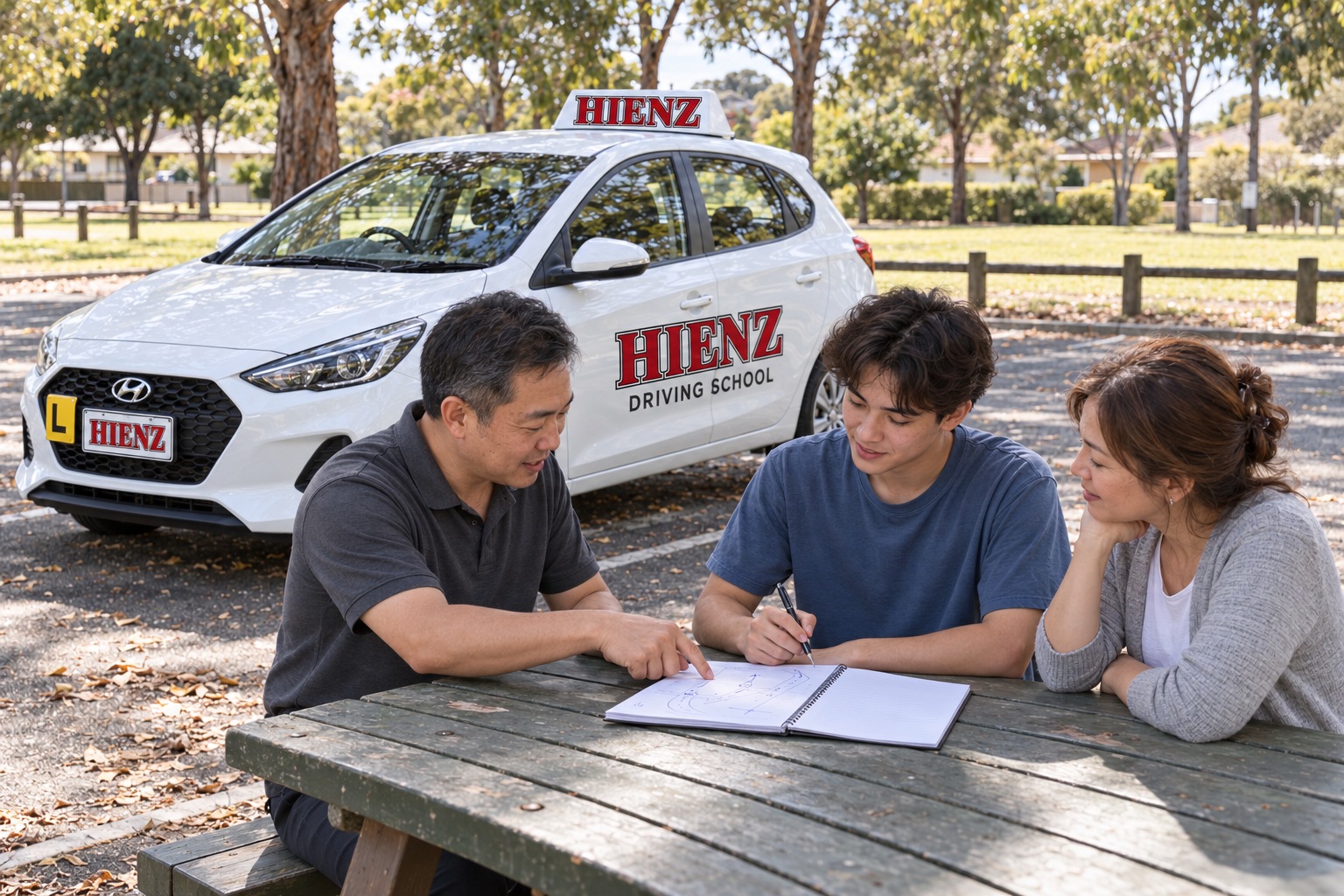 Illustration of an instructor, learner and parent reviewing practice goals beside a HIENZ car