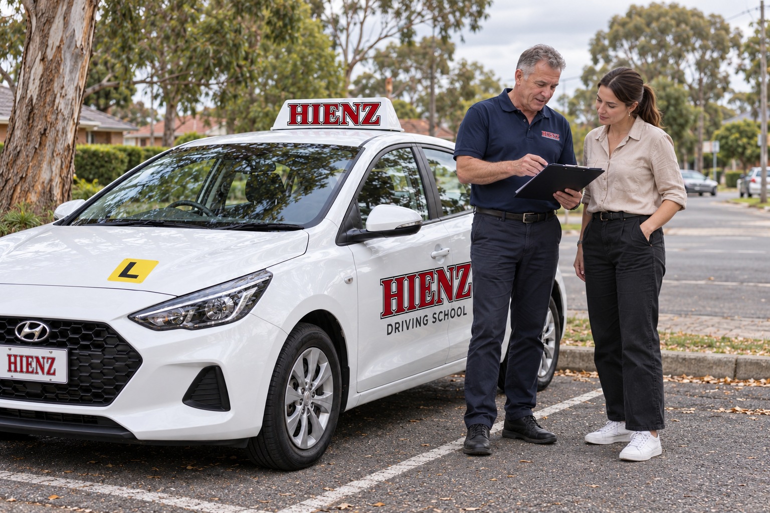 Illustration of two driving instructors discussing a lesson plan beside a HIENZ training car