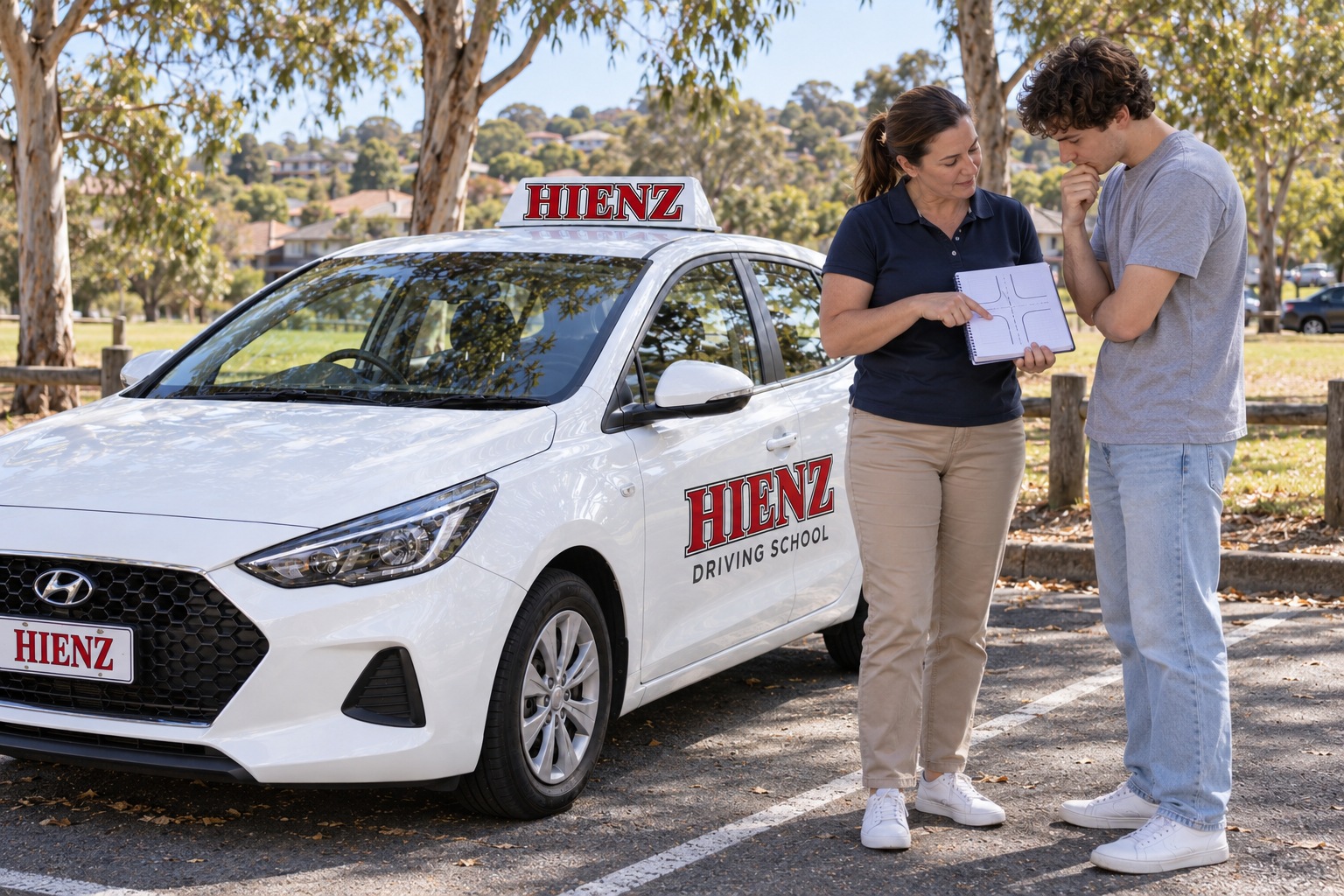 Illustration of an instructor explaining a junction sketch to an adult learner beside a parked HIENZ car