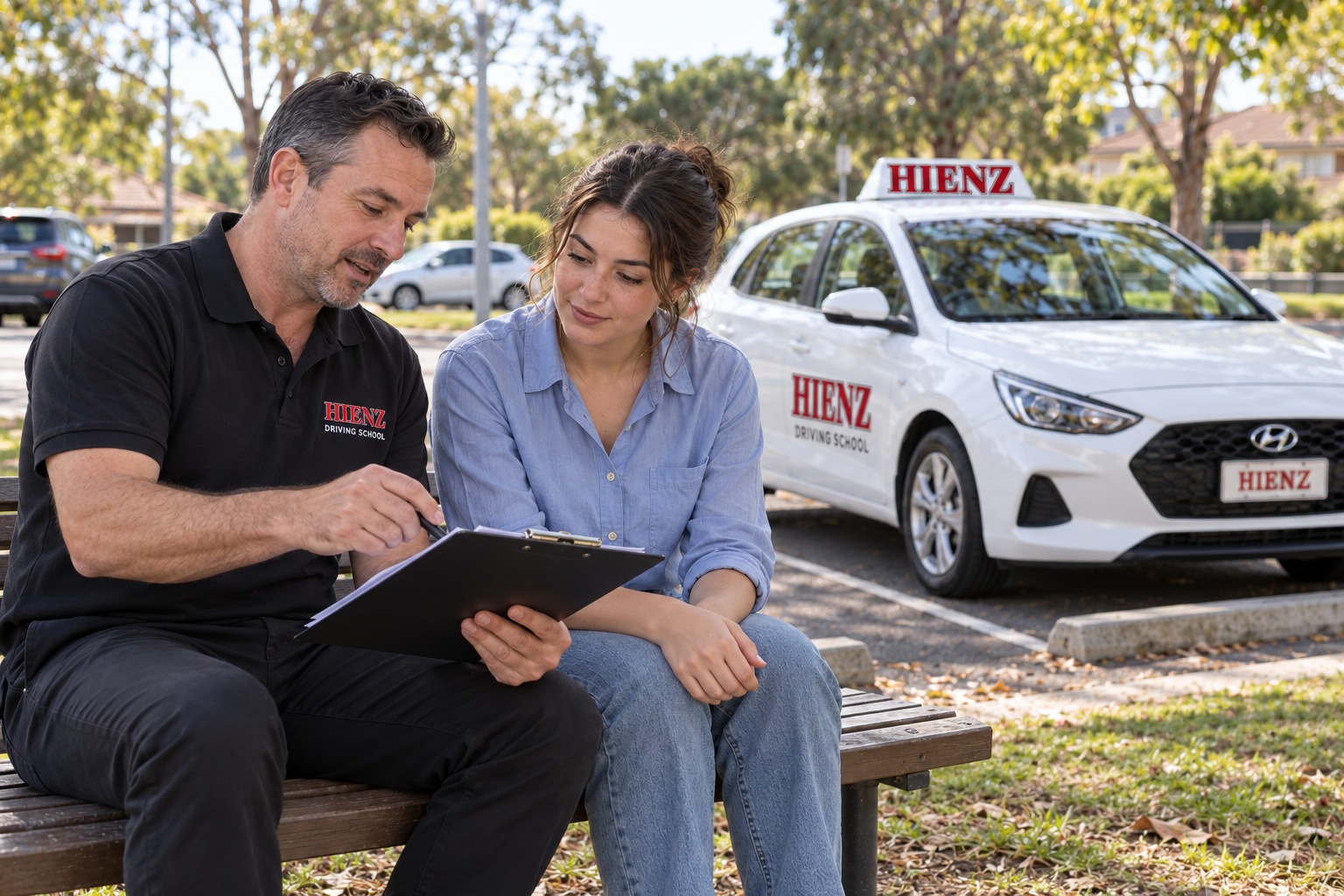 Illustration of an instructor and learner reviewing driving test preparation goals