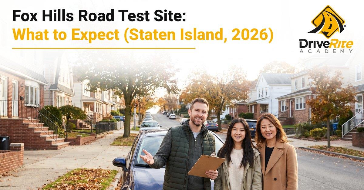 A smiling driving instructor with a clipboard talks with a teenage student and her mother beside a blue sedan on a sloping residential street on Staten Island in autumn, with the title Fox Hills Road Test Site: What to Expect (Staten Island, 2026).