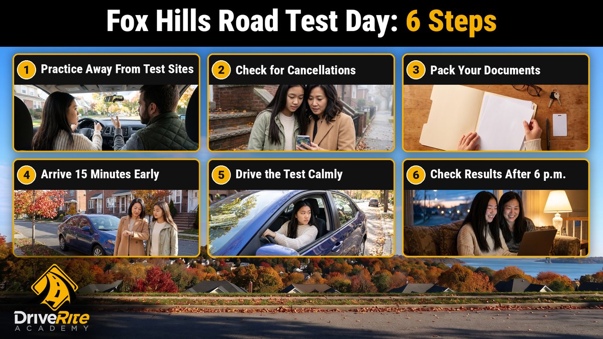 6 steps for your Fox Hills road test day: practice away from test sites; check for cancellations; pack your documents; arrive 15 minutes early; drive the test calmly; check results after 6 p.m.