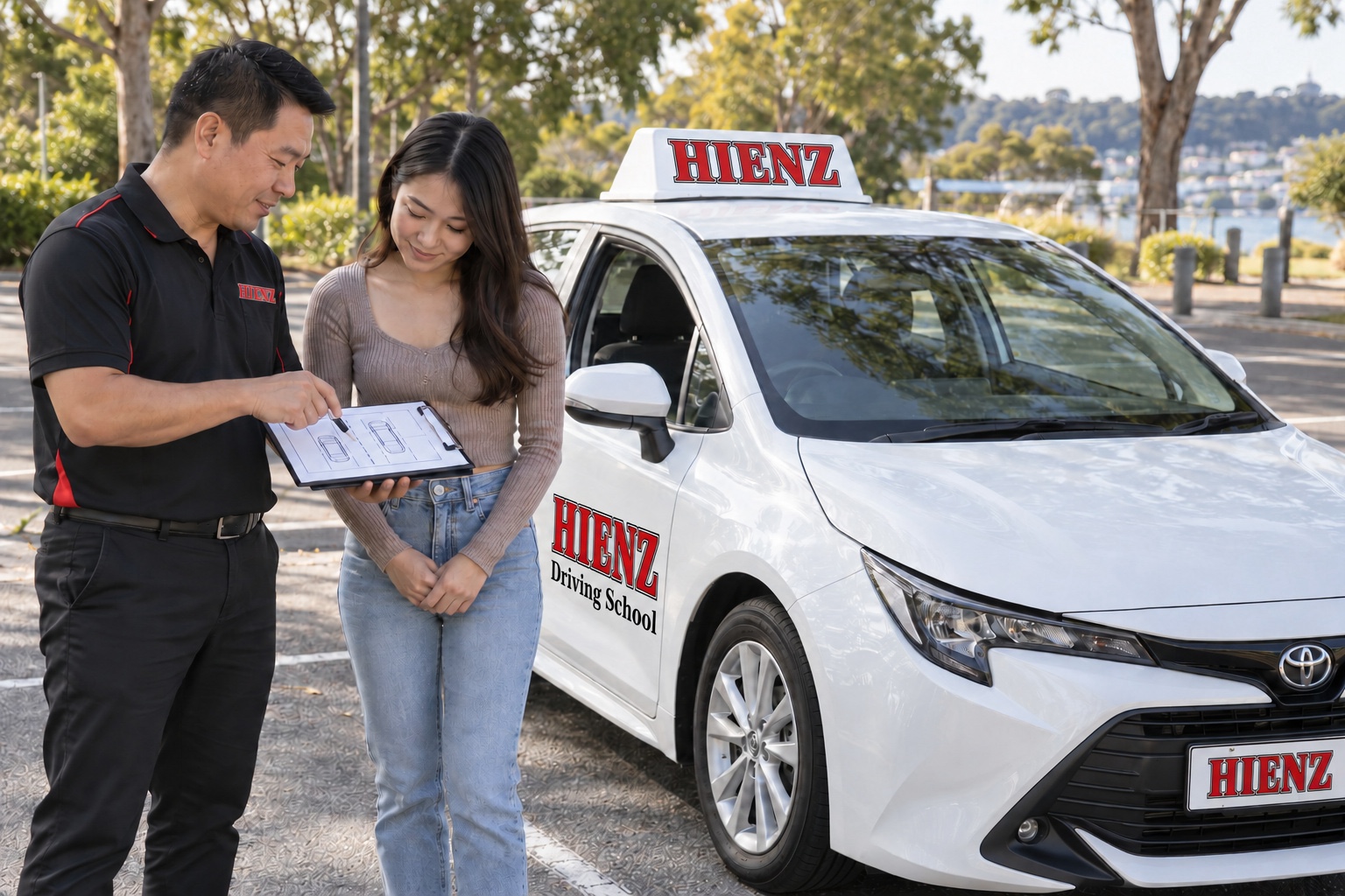 A HIENZ driving instructor explains parking techniques to a learner beside a branded white Toyota.