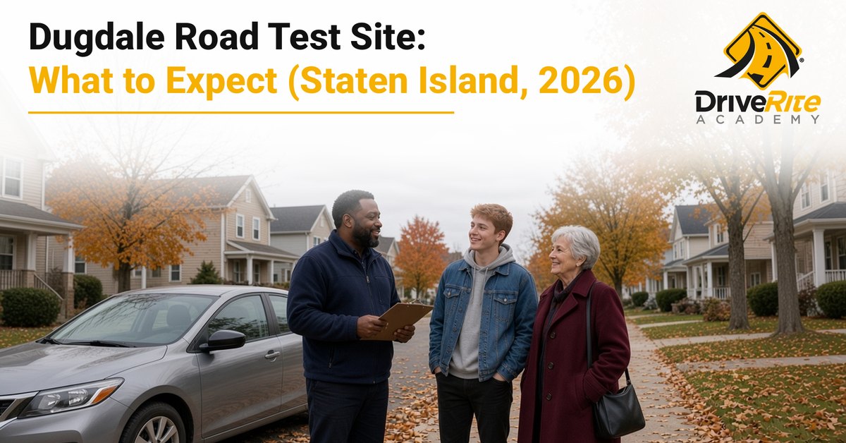 A smiling driving instructor with a clipboard talks with a teenage student and his grandmother beside a silver sedan on a leafy residential street on Staten Island in autumn, with the title Dugdale Road Test Site: What to Expect (Staten Island, 2026).
