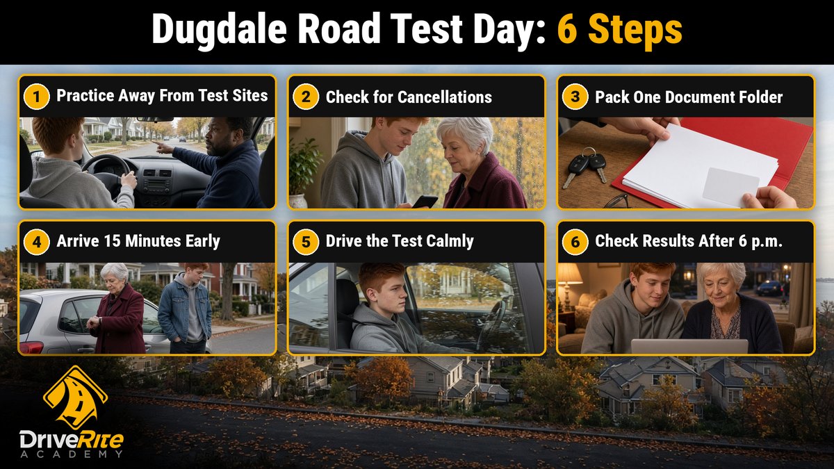 6 steps for your Dugdale road test day: practice away from test sites; check for cancellations; pack one document folder; arrive 15 minutes early; drive the test calmly; check results after 6 p.m.