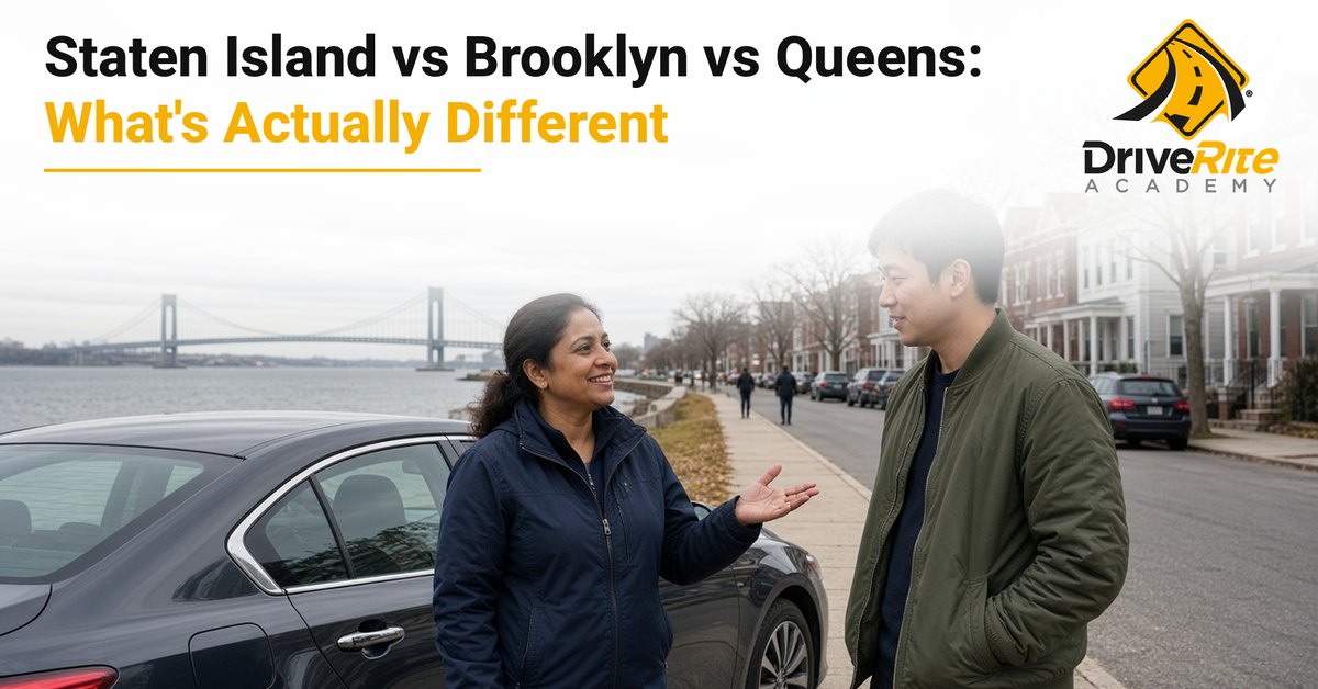 A driving instructor in a navy jacket talks with a young adult student beside a dark gray sedan on a Staten Island waterfront street, with the Verrazzano-Narrows Bridge in the distance, under the title Staten Island vs Brooklyn vs Queens: What's Actually Different.