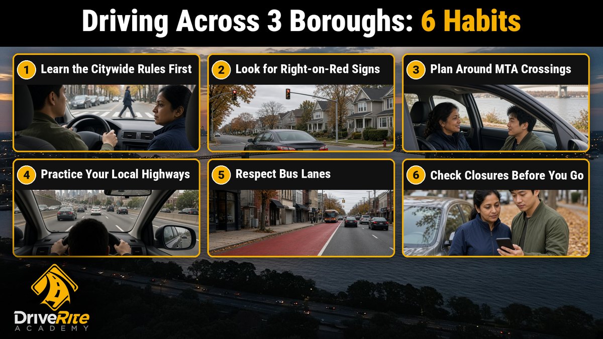 Six habits for driving across Staten Island, Brooklyn and Queens: learn the citywide rules first; look for right-on-red signs; plan around MTA crossings; practice your local highways; respect bus lanes; check closures before you go.