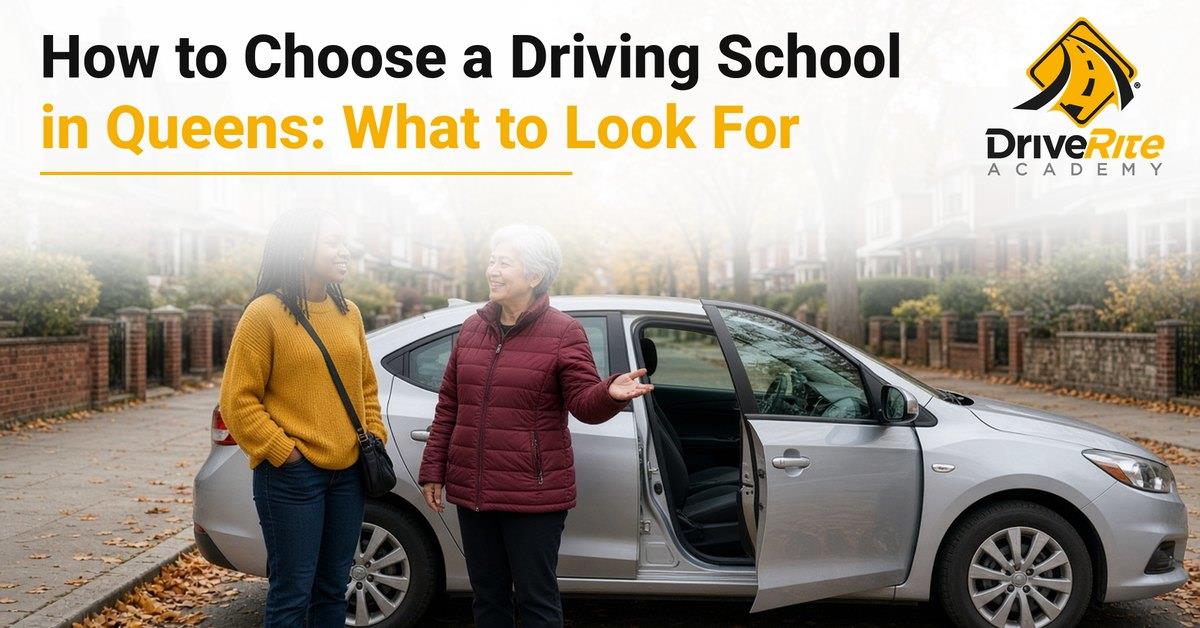 A driving instructor with short gray hair in a burgundy jacket smiles and gestures toward the open door of a silver compact car while a young adult student in a mustard sweater listens, on an autumn Forest Hills, Queens street lined with brick and Tudor-style houses, under the title How to Choose a Driving School in Queens: What to Look For.