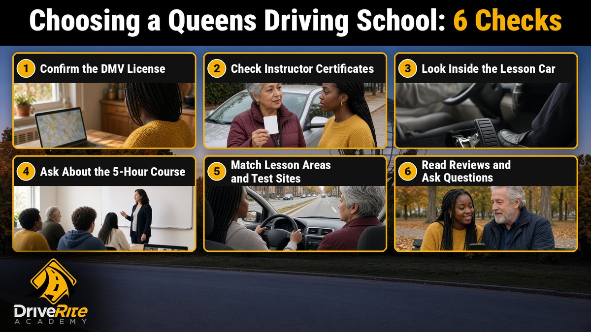 Six checks for choosing a driving school in Queens: confirm the DMV license; check instructor certificates; look inside the lesson car; ask about the 5-hour course; match lesson areas and test sites; read reviews and ask questions.