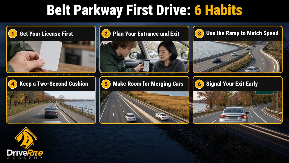 Six steps for driving the Belt Parkway for the first time: get your license first; plan your entrance and exit; use the ramp to match speed; keep a two-second cushion; make room for merging cars; signal your exit early.